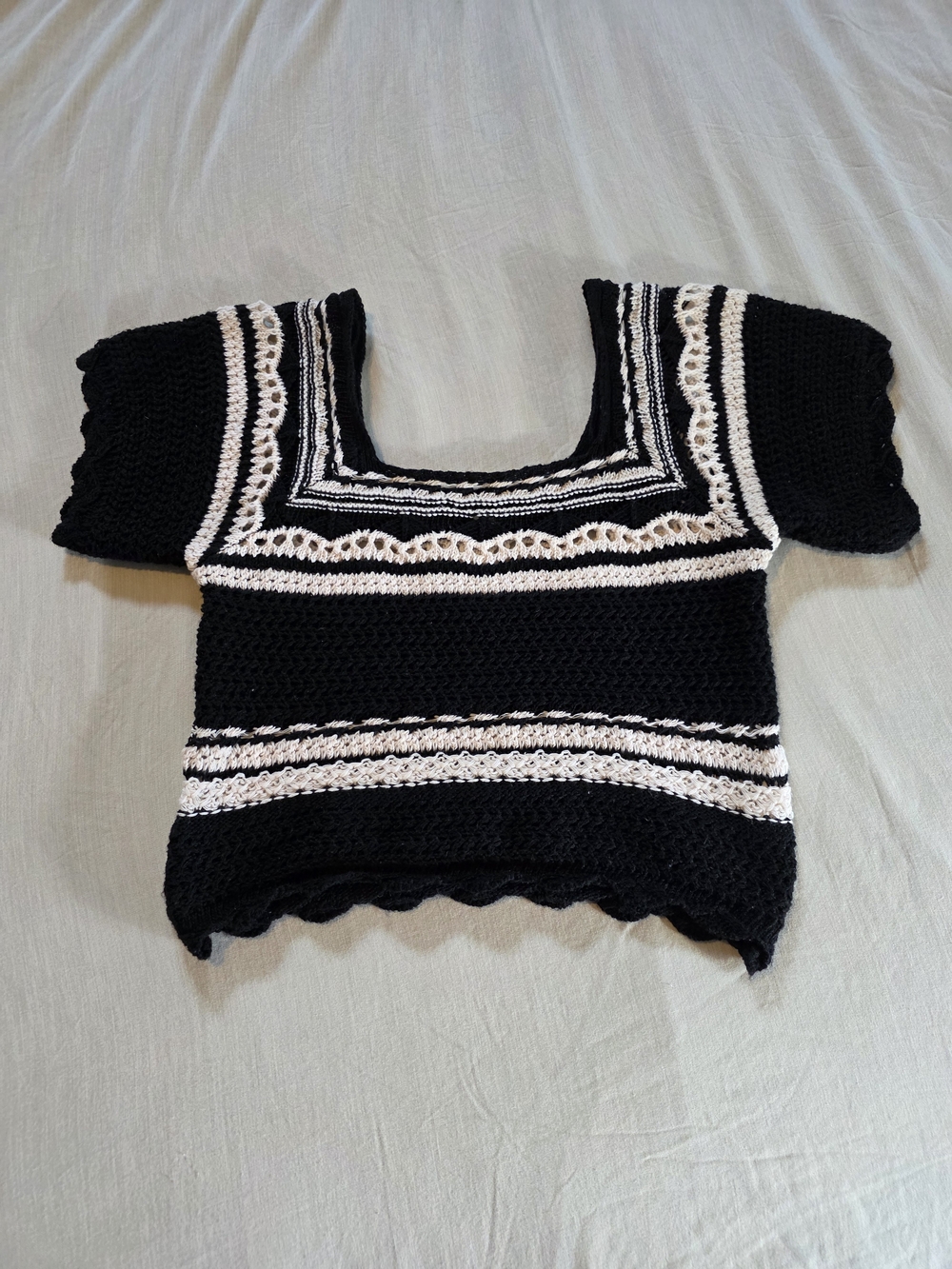Vintage Havana Black Crochet Crop Top with Cream Accents